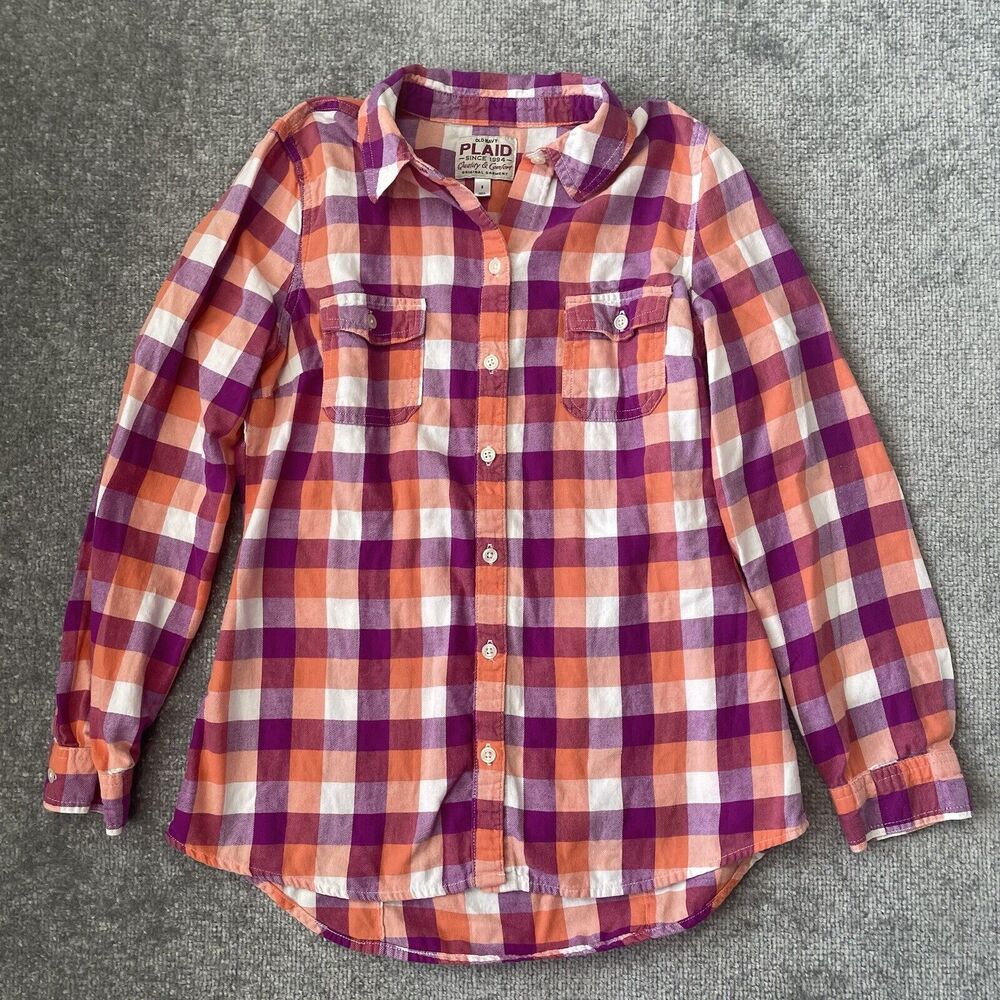 Old Navy Shirt Womens Small Orange Purple Plaid Casual Button Up Bright Cheerful